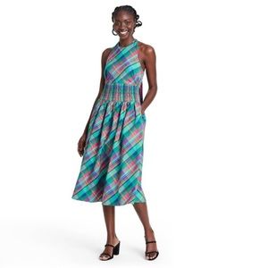 - Plaid Sleeveless Bow Back Halter Dress